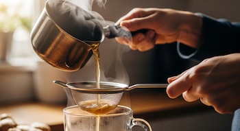 Primer plano de manos vertiendo té de jengibre caliente desde una cacerola a una taza de vidrio transparente a través de un colador. Se observa vapor.