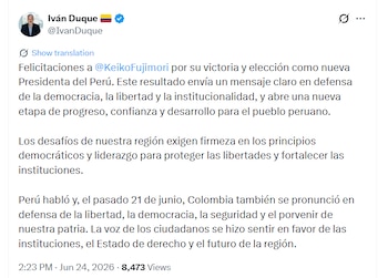 A través de un mensaje publicado en su cuenta de X, Duque sostuvo que el resultado electoral peruano envía una señal sobre la importancia de fortalecer las instituciones democráticas y proteger las libertades en América Latina - crédito @IvanDuque/X