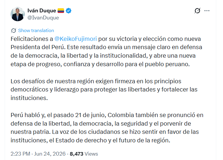 A través de un mensaje publicado en su cuenta de X, Duque sostuvo que el resultado electoral peruano envía una señal sobre la importancia de fortalecer las instituciones democráticas y proteger las libertades en América Latina - crédito @IvanDuque/X
