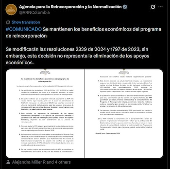 El subsidio mensual para excombatientes no fue parte del Acuerdo de Paz, sino que se implementó posteriormente por vulnerabilidad económica persistente - crédito @ARNColombia/X