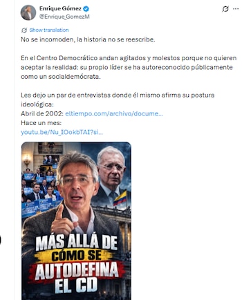 Enrique Gómez, director de Salvación Nacional, y el Centro Democrático protagonizaron una serie de cruces públicos durante 2026 - crédito @Enrique_GomezM/X