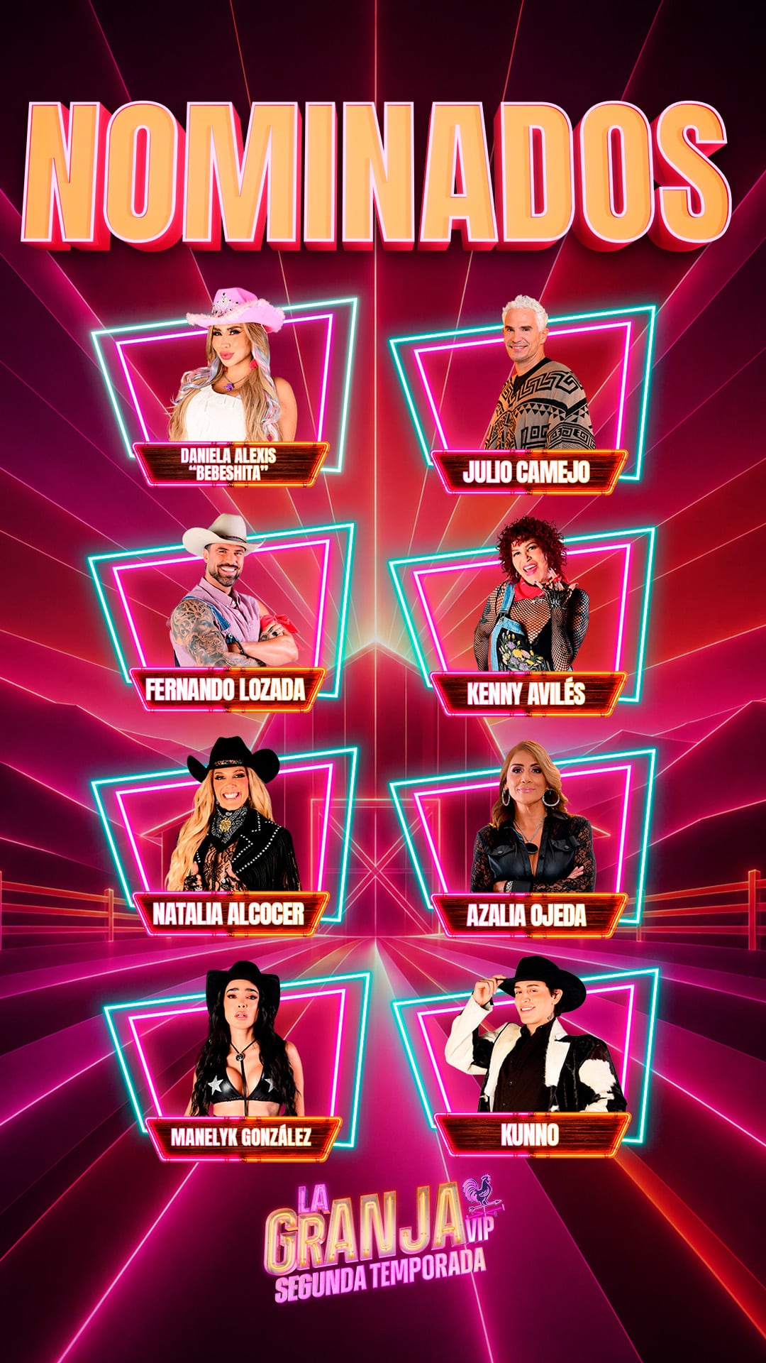 Una gráfica anuncia a los ocho concursantes nominados durante la cuarta semana en la segunda temporada del programa de telerrealidad La Granja VIP. (Instagram: La Granja VIP)