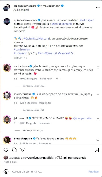 Captura de pantalla de una publicación de Instagram con texto y comentarios de cuentas verificadas sobre un programa de televisión