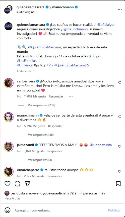 Una publicación en Instagram anuncia el estreno de la nueva temporada del programa ¿Quién es la máscara? con la participación de Yuri y Mauricio Ochmann. (¿Quién es la Máscara? Instagram)