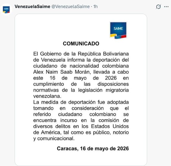 El traslado del colombiano fue confirmado por el Gobierno transicional de Venezuela - crédito @VenezuelaSaime/X