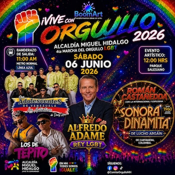 Cartel vibrante para la 4ta Marcha del Orgullo LGBT 2026 en Alcaldía Miguel Hidalgo. Fondo de arcoíris y estrellas. Imágenes de Alfredo Adame y artistas