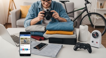 Hombre toma fotografías de ropa doblada, laptop, teléfono móvil, consola de videojuegos, control, pequeños electrodomésticos y una bicicleta en su sala.
