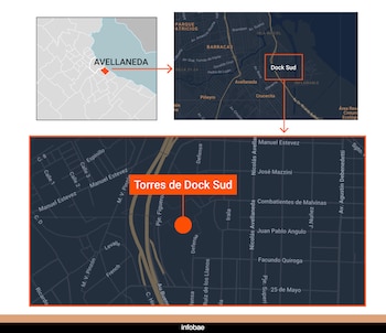 Serie de tres mapas: el primero muestra Avellaneda, el segundo Dock Sud y el tercero señala las Torres de Dock Sud con un pin naranja