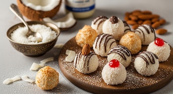 Bombones de coco variados con aderezos de chocolate, almendras y cerezas en una tabla de madera. Al fondo hay coco rallado en un cuenco y medio coco.