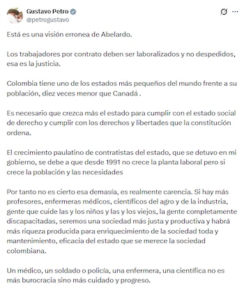 El expresidente sostuvo que la lectura de la nueva administración es “errónea” y negó que exista una sobredimensión del sector público - crédito @petrogustavo/X