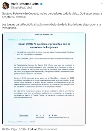 María Fernanda Cabal exigió a Gustavo Petro e Iván Cepeda aceptar la victoria de Abelardo de la Espriella - crédito @MariaFdaCabal/X