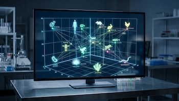 Monitor sobre un escritorio que proyecta un gráfico con coordenadas y siluetas luminosas de seres vivos en un laboratorio