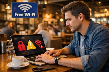 Un hombre de perfil trabaja en un portátil en un restaurante; la pantalla muestra un candado rojo, un triángulo de advertencia amarillo y un icono de WiFi con alerta.