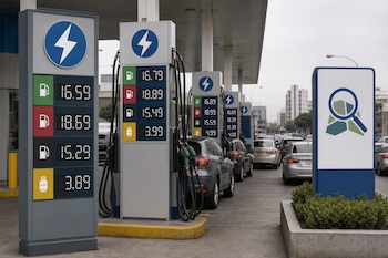 Surtidores de gasolina con pantallas digitales de precios, automóviles en fila y un cartel con el icono de una lupa sobre un mapa.