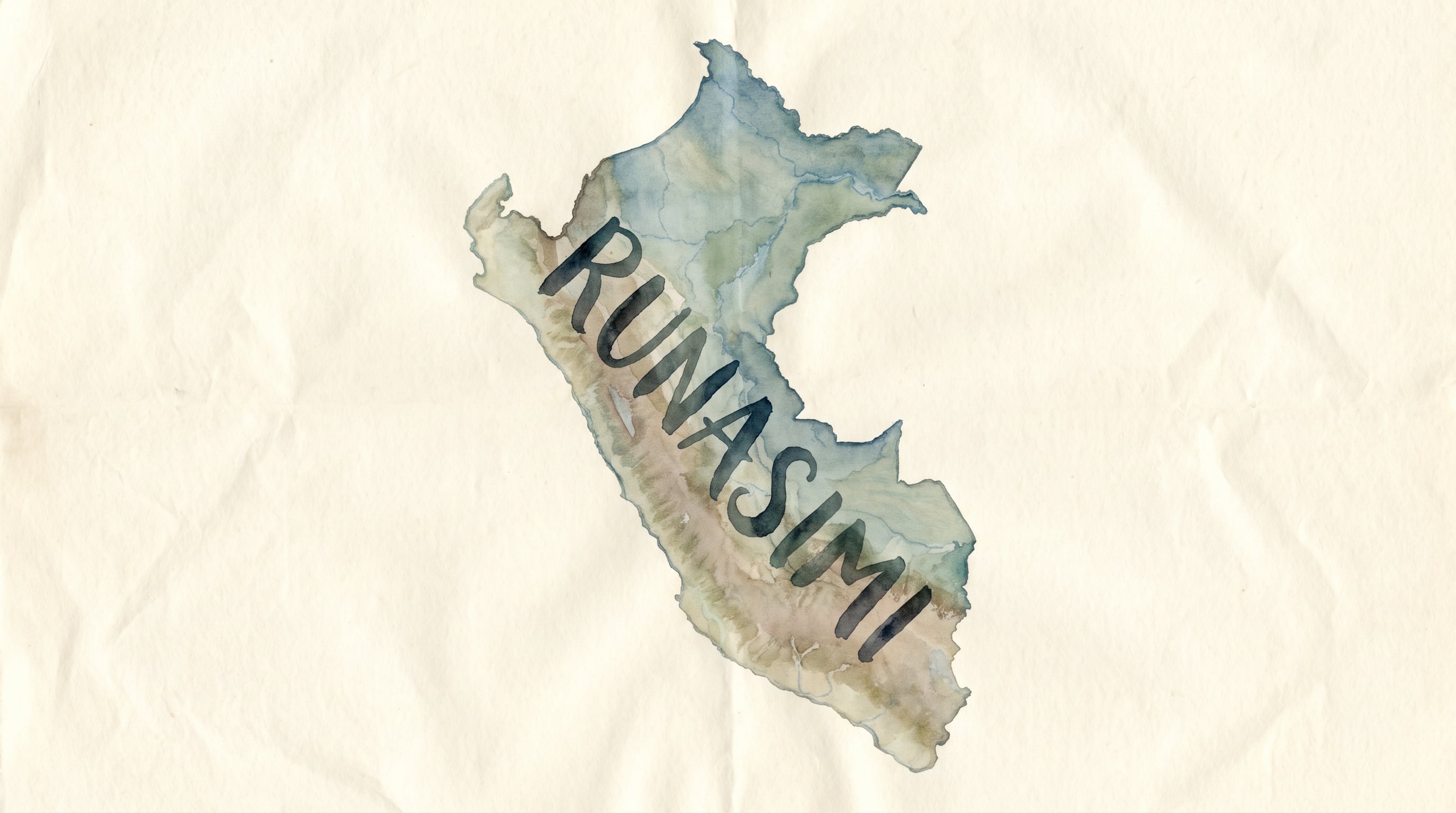 Una representación en acuarela del territorio peruano muestra la palabra Runasimi escrita sobre su geografía, indicando la lengua quechua. (Imagen Ilustrativa Infobae)