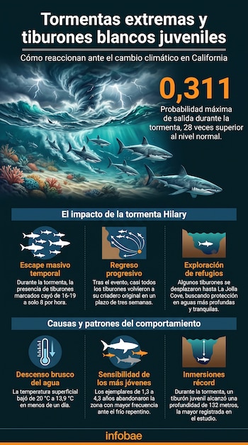 Infografía con título Tormentas extremas y tiburones blancos juveniles, imágenes de tormenta con tornado y rayos, tiburones nadando, y paneles de datos sobre el impacto de la tormenta Hilary.