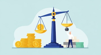 Balanza gigante, pila de monedas doradas, figura humana levantando pesa, y pilas de bloques gris y verde en el suelo.