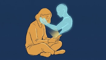 Ilustración de una persona sentada que mira un teléfono, del cual sale una figura azul translúcida que le toca el rostro y el hombro