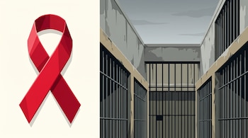 Ilustración con un lazo rojo sobre fondo claro a la izquierda y un patio de prisión con rejas metálicas y muros de hormigón a la derecha.