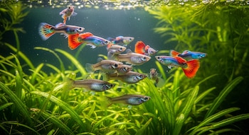 Primer plano de un grupo de guppys, con hembras de tonos plateados nadando entre densas plantas acuáticas verdes y machos coloridos al fondo.