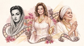 Ilustración de Elsa Aguirre en tres edades, con cabello oscuro, ondulado y canoso, rodeada de cintas de celuloide, cámaras de cine y flores rosadas.