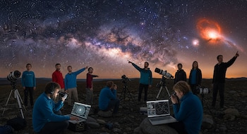 Grupo de astrónomos observa un cielo nocturno estrellado con la Vía Láctea y una galaxia roja visible, usando telescopios y laptops en un terreno rocoso.
