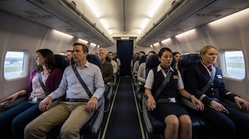 Pasajeros y auxiliares de vuelo sentados en los asientos de un avión con sus cinturones de seguridad puestos mientras miran al frente.
