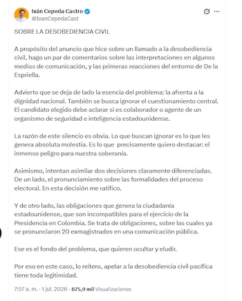 El excandidato presidencial Iván Cepeda Castro aseguró que el llamado a la desobediencia civil pacífica tiene toda legitimidad - crédito @IvanCepedaCast/X