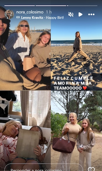 Colagem de Nora Colosimo e Malaika em diferentes ambientes: praia, indoor com tablet e outdoor. Malaika foi vista sozinha na praia com uma mensagem de aniversário