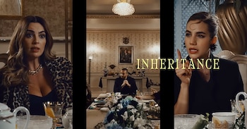 Triptych con mujer con chaqueta de leopardo, hombre con barba sentado en mesa formal, y mujer con chaqueta oscura y dedo señalando. Título 'Inheritance'
