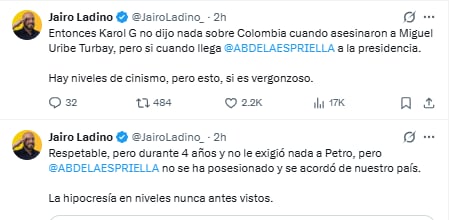 Críticas a Karol G por su carta a Abelardo de la Espriella - crédito @JairoLadino/X