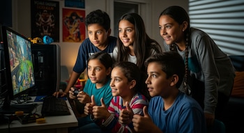 Cinco niños latinos, tres niños y dos niñas, miran atentamente una pantalla de computadora con un videojuego, algunos con el pulgar hacia arriba.