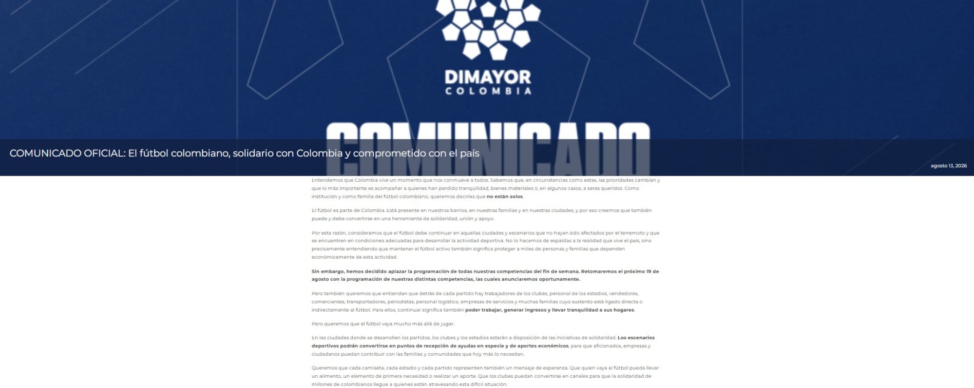 La Dimayor anunció el aplazamiento de la programación del fútbol colombiano y confirmó que las competencias se retomarán a partir del 19 de agosto - crédito Dimayor