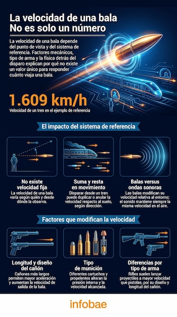 Infografía en fondo azul oscuro con una bala dorada en movimiento, un tren, diagramas explicativos de velocidad, y representaciones de armas y municiones.