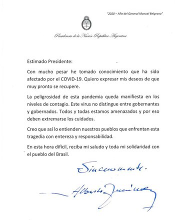mensaje de alberto fernandez a bolsonaro coronavirus