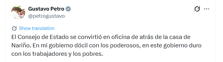 Gustavo Petro arremetió contra el Consejo de Estado tras la suspensión del decreto sobre negociación colectiva y cuestionó el impacto de la decisión en los trabajadores - crédito @petrogustavo/X
