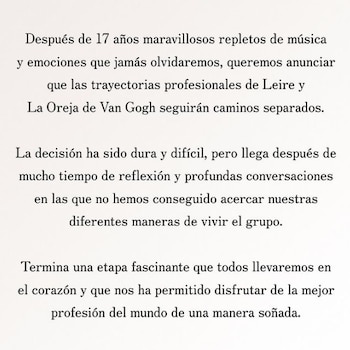 Comunicado de La Oreja de Van Gogh. (Instagram)