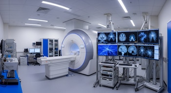 Sala de laboratorio con resonancia magnética de color blanco y gris, seis monitores que exhiben imágenes cerebrales y redes neuronales, mesas de trabajo con equipos.