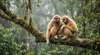 Dos gibones de pelaje claro sentados en una rama con musgo, rodeados de vegetación densa y árboles en un bosque con niebla.