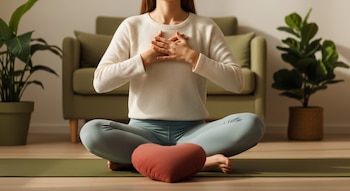 Mujer sentada en postura de loto sobre una esterilla de yoga con las manos en el pecho, un cojín de corazón rojo, dos plantas y un sofá en una sala.