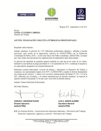 Acolfutpro envía carta a MinTrabajo