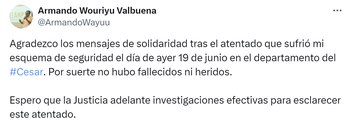 Armando Wouriyu Valbuena solicitó esclarecer los responsables del atentado en su contra