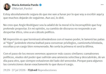 Otra de las ciritica en contra de Rodríguez fue la de María Antonia Pardo, excónsul general de Colombia en Santiago de Chile - crédito @MariaA_PardoJ/X