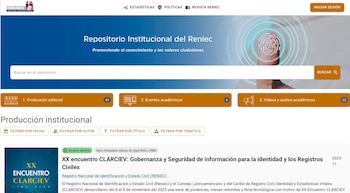 Captura de pantalla del sitio web del Repositorio Institucional del Reniec con buscador, categorías de contenido y listado de publicaciones