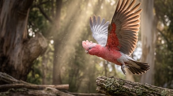 Una cacatúa de plumaje rosado y gris vuela con las alas desplegadas sobre un tronco de árbol en un bosque iluminado por el sol