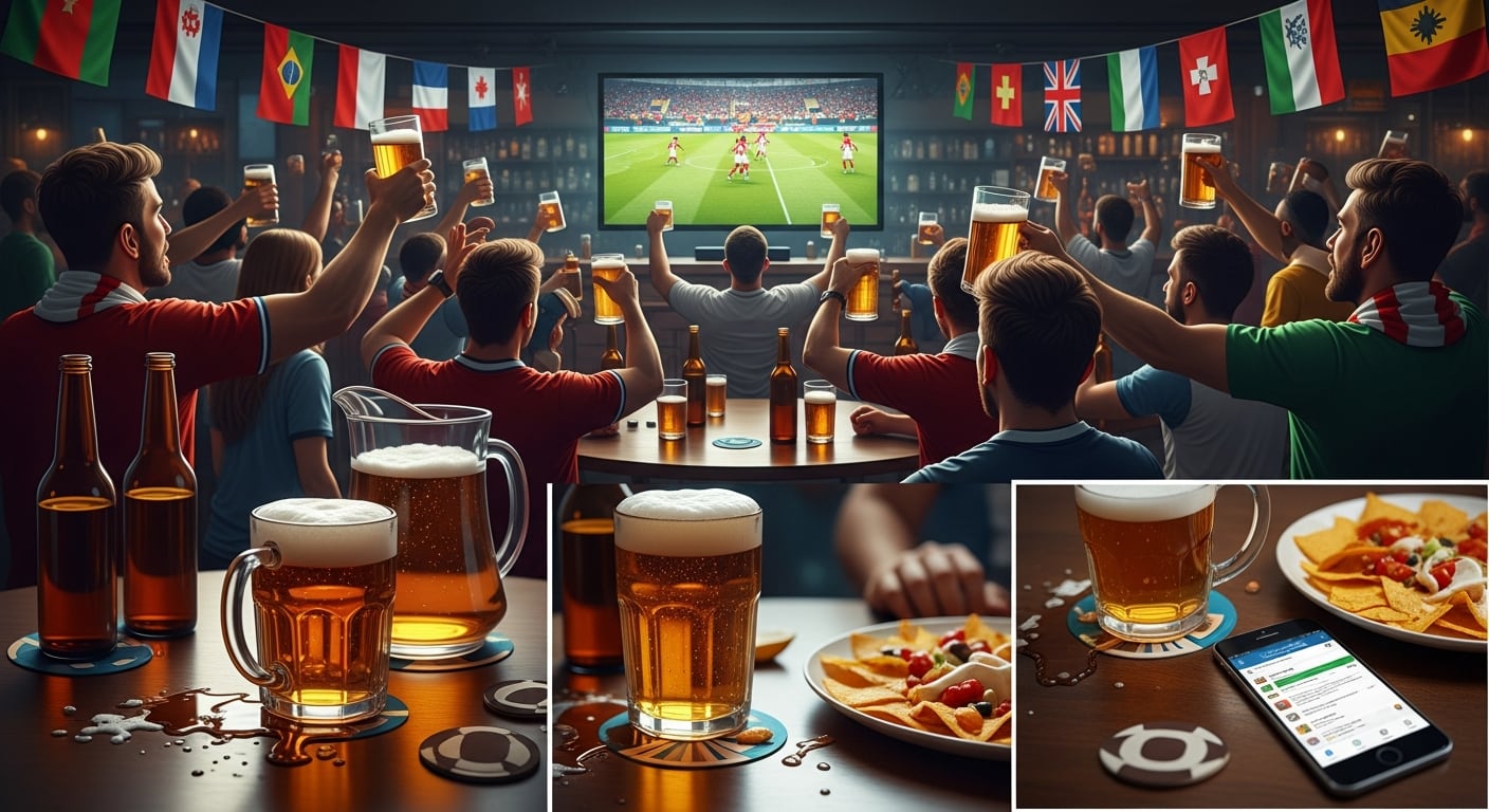 Entusiastas del fútbol se reúnen en un bar para ver un partido del Mundial, alzando sus cervezas en señal de celebración mientras las banderas de varias naciones decoran el ambiente festivo. (Imagen Ilustrativa Infobae)