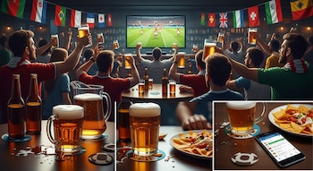 Una multitud de personas en un bar con banderas nacionales alzando vasos de cerveza, viendo un partido de fútbol en una gran pantalla. Primeros planos de cervezas y nachos.