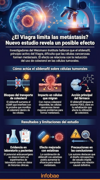 Infografía con ilustraciones de una célula, un microscopio, estructuras moleculares y diagramas que explican el efecto del sildenafil en las metástasis.