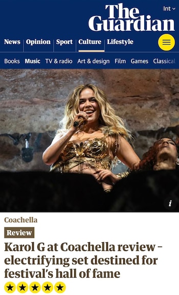 La colombiana recibió un puntaje de 5 estrellas con su presentación en Coachella 2026 - crédito captura de pantalla The Guardian