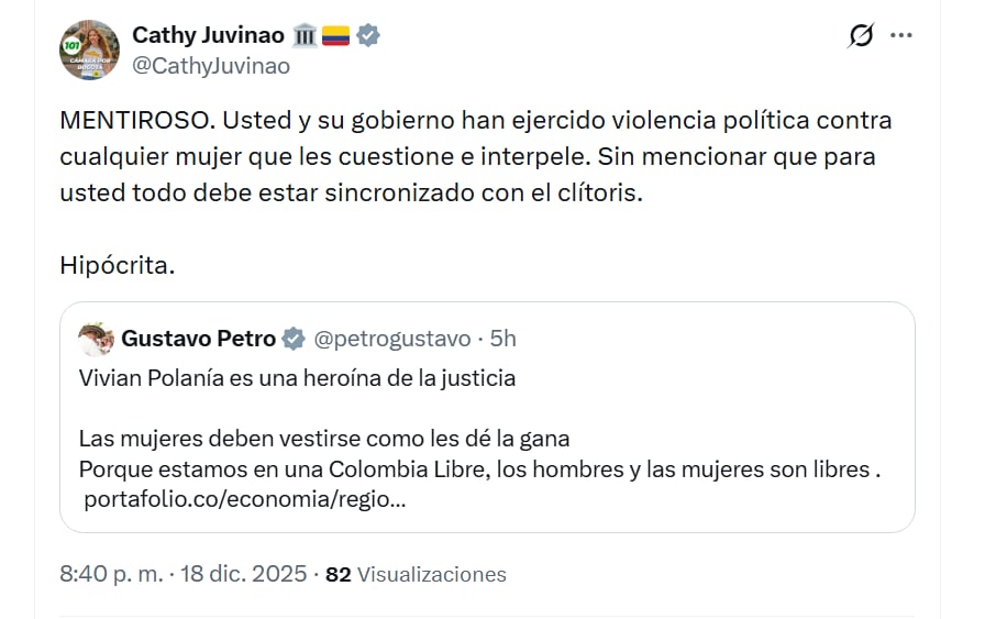 Cathy Juvinao estalló contra el presidente Gustavo Petro por referirse al caso de la jueza Vivian Polanía - crédito @CathyJuvinao/X